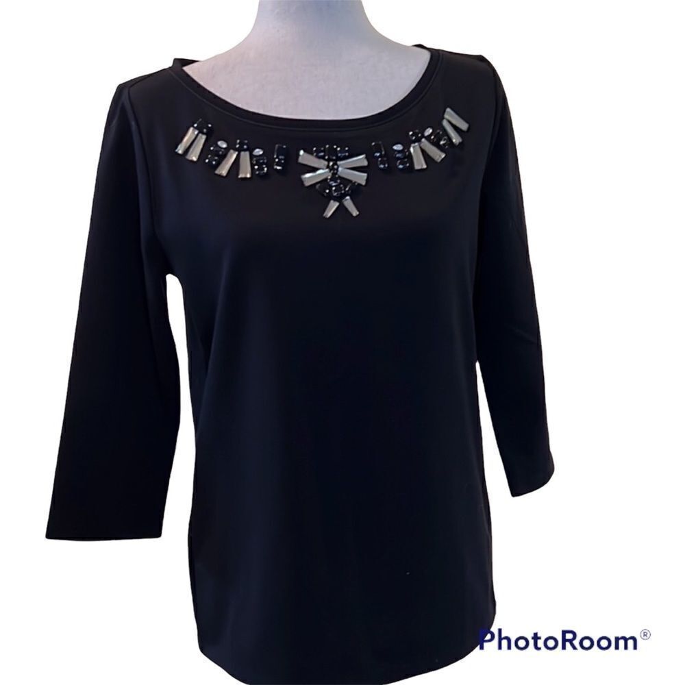 ANN TAYLOR Bead Accented Blouse 3/4 Sleeve Black Sz M NWT